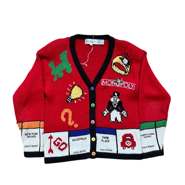 90’s Monopoly Embroidered Knit Cardigan Sz M