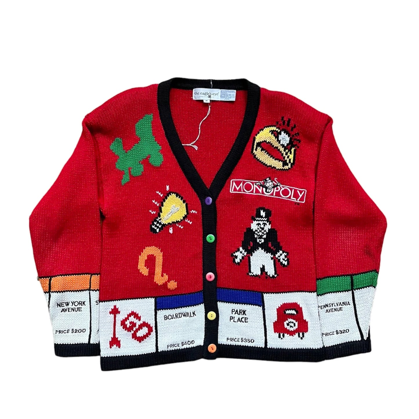 90’s Monopoly Embroidered Knit Cardigan Sz M