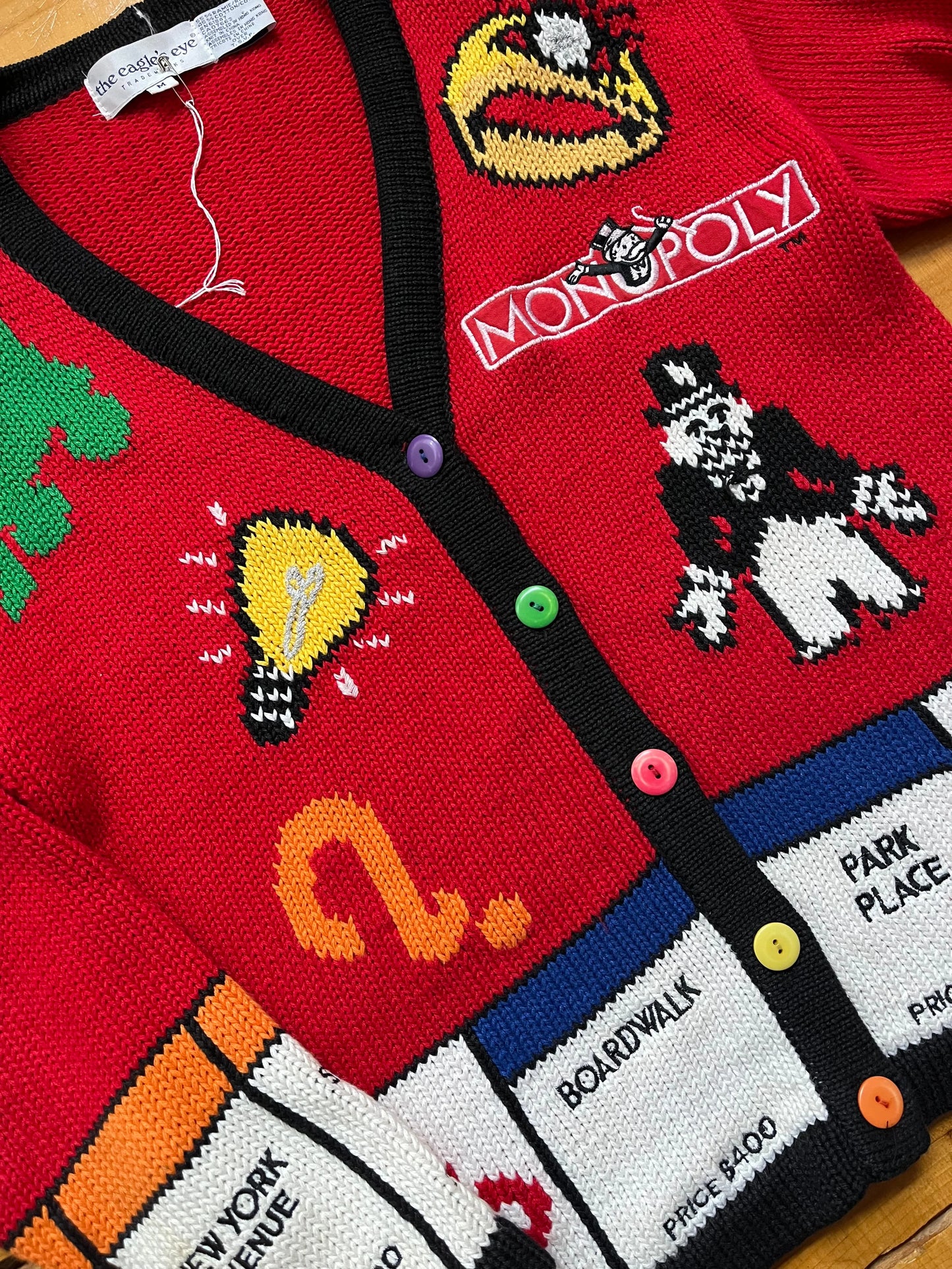 90’s Monopoly Embroidered Knit Cardigan Sz M